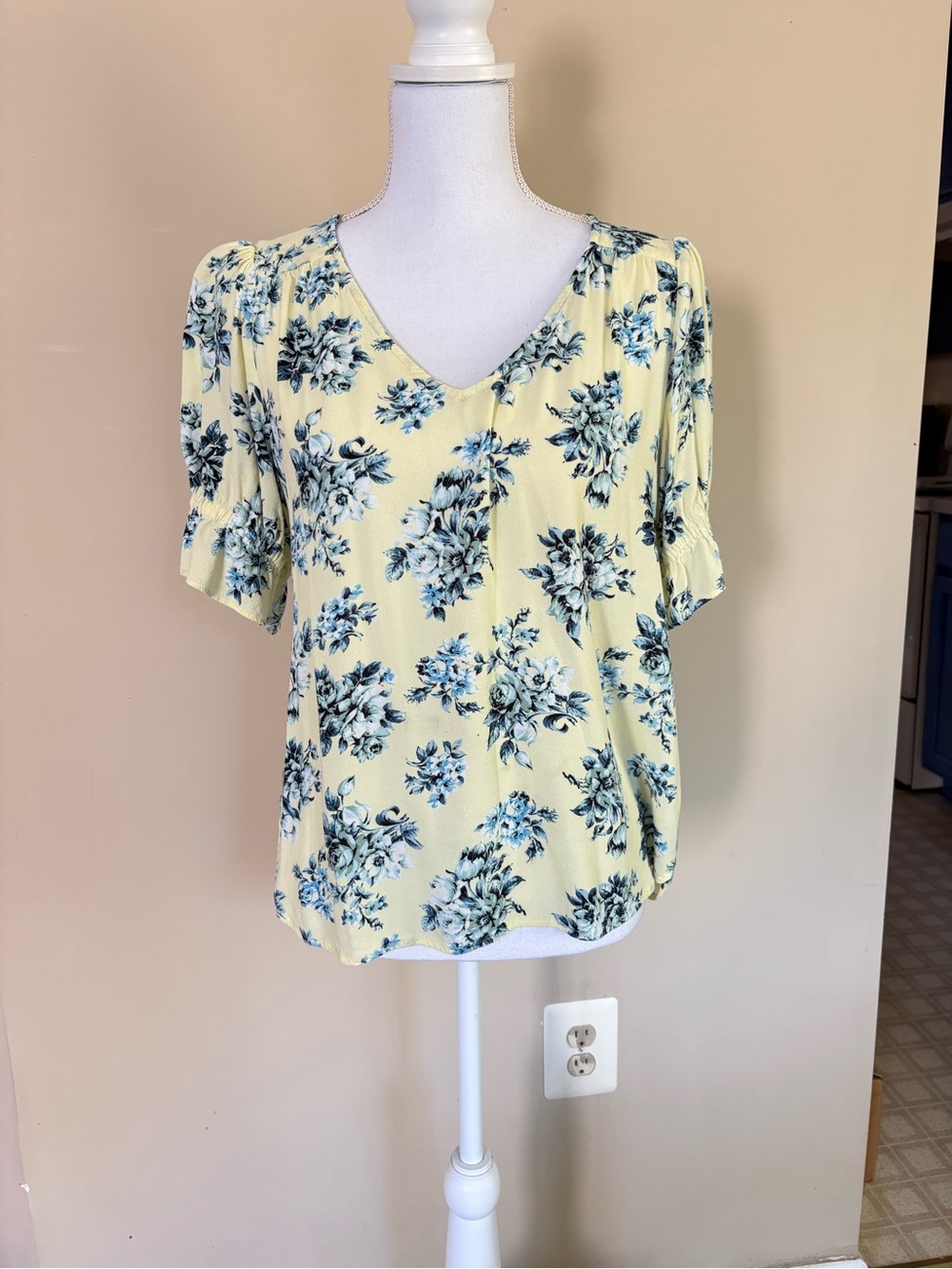 LOFT Yellow Floral V-Neck Blouse with Blue Bouquet Print